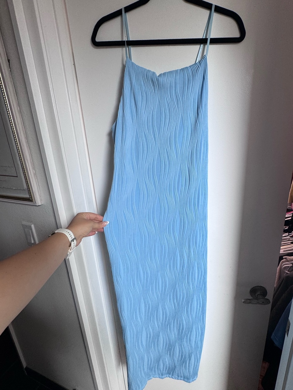 Light Blue Textured Slip Dress - Women's Spaghetti Strap Midi